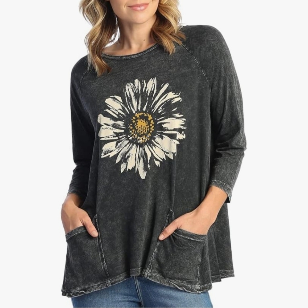 Jess & Jane Daisy Day Mineral Washed Cotton Tunic Top Wmn M Boho Loose Fit